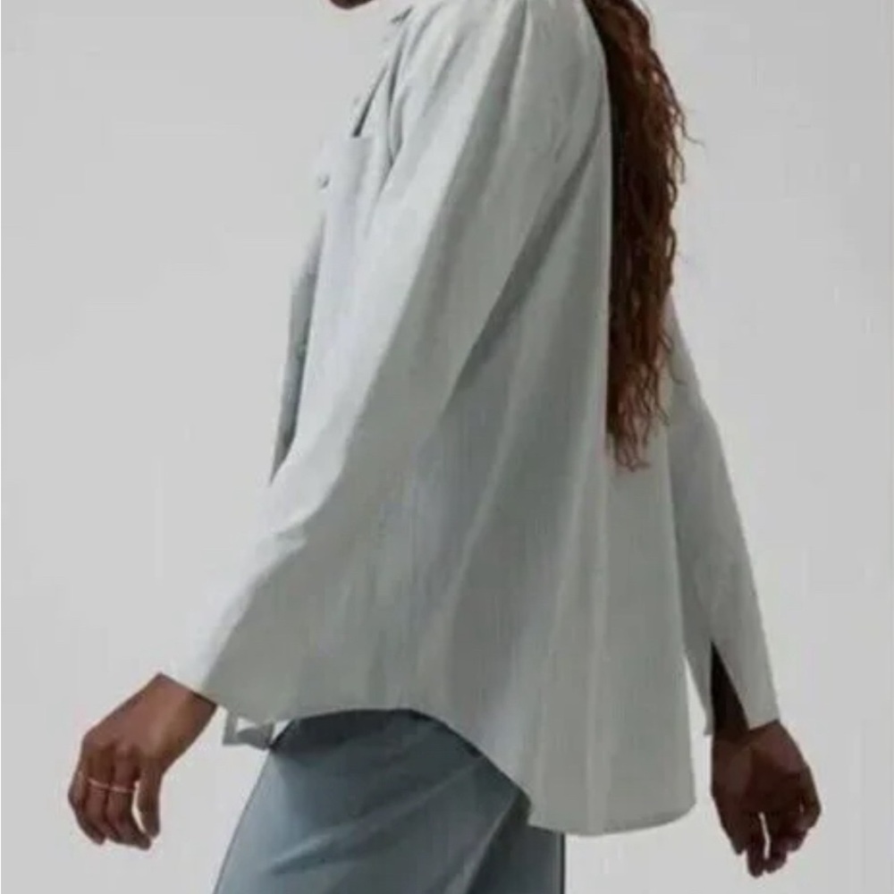 ATHLETA Gray Stripe Button Down Shirt Blouse